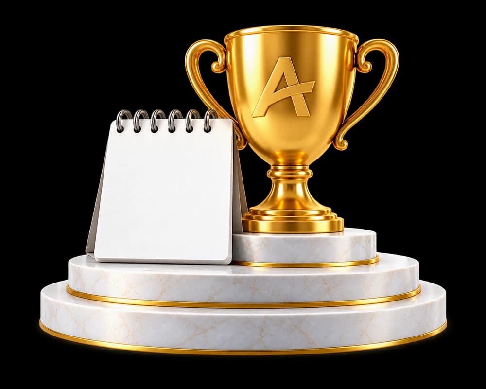 Golden Hall of Fame trophy and a calendar on a marble podium